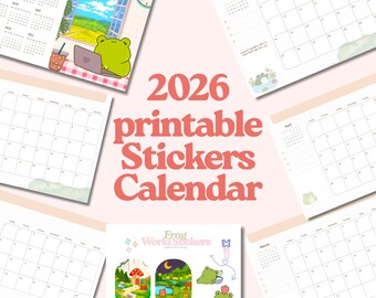 Calendario imprimible kawaii de ranas, planificador mensual, pegatinas (Canva, GoodNotes, PNG) (descarga digital)