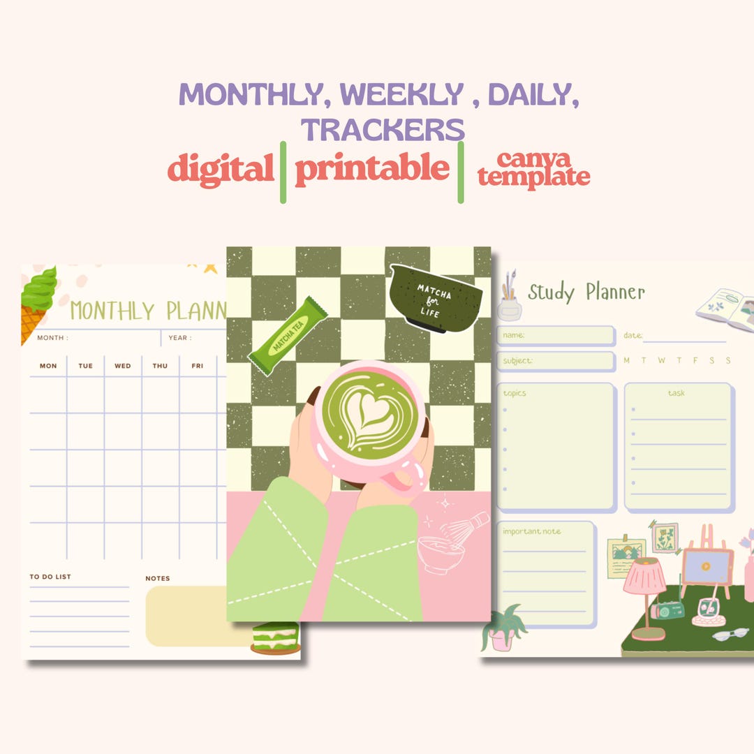 MATCHA Planner: Daily, Weekly, Monthly Calendar Cute Matcha & Whimsical ...