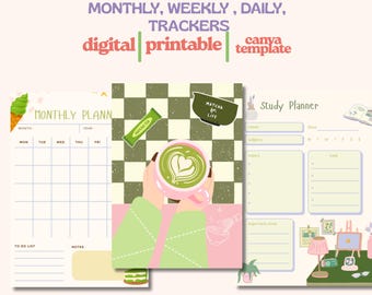 Agenda MATCHA: Calendario diario, semanal y mensual. Paquete de agendas con diseños adorables y originales de matcha / Imprimible para comenzar el lunes (diario, semanal y mensual).