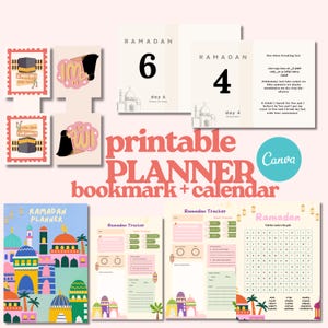 Puede incluir: Una colección de planificadores, marcadores y calendarios imprimibles del Ramadán. El diseño incluye ilustraciones coloridas de mezquitas, junto con el texto "Ramadan Planner" y "Ramadan Tracker". La imagen también presenta el logotipo de Canva.