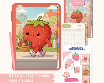 Lindo cuaderno digital de fresa, planificador estético, diario kawaii para GoodNotes y pegatinas gratis
