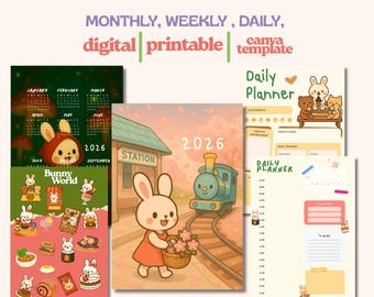 Planificador Kawaii Bunny 2026: Calendario diario, semanal y mensual (paquete imprimible en PDF)