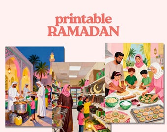 Ilustración familiar de Ramadán, arte mural imprimible (descarga digital PNG)