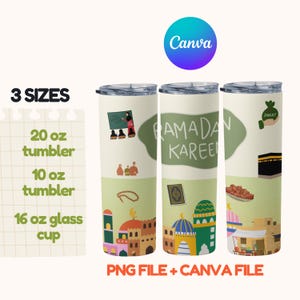 May include: Three Ramadan Kareem tumblers with various designs, including illustrations of mosques, the Kaaba, and the text "Ramadan Kareem." Available in 20 oz, 10 oz, and 16 oz sizes. The design includes the text "PNG FILE + CANVA FILE."