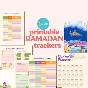 May include: A collection of printable Ramadan trackers with colorful designs. The image includes a variety of templates for tracking fasting, prayers, and Quran reading. The text includes "Ramadan Kareem" and "Quran Planner".
