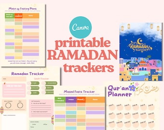 Planificador de Ramadán imprimible / Diario de Ramadán de 30 días / Rastreador de ayunos perdidos, Plantilla Canva de seguimiento del Corán + PNG / Planificador islámico digital