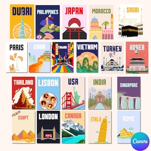 May include: A collection of twenty rectangular travel posters featuring iconic landmarks and cultural symbols from various global locations, including Dubai, Paris, Japan, and London, each labeled with its respective city or country name in bold text.