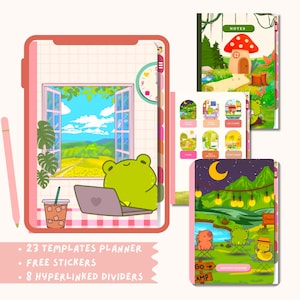 Op de afbeelding: Digitale planner met een roze rand, met een kikker die een laptop gebruikt bij een raam met een schilderachtig uitzicht. Bevat plannersjablonen, stickers en verdelers. Extra plannerpagina's tonen een paddenstoelenhuis en een kampeersc&egrave;ne. Tekst: 23 Templates Planner, Gratis Stickers, 8 Hyperlinked Dividers.