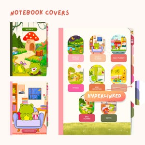 Op de afbeelding: Notitieboek covers met kleurrijke illustraties. E&eacute;n cover toont een kikker bij een paddenstoelenhuis. Een andere toont een kikker op een bank met popcorn. Andere covers hebben planner thema's zoals maandelijks, wekelijks en dagelijks.