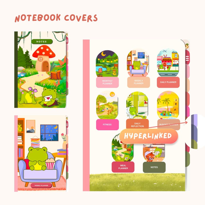 Op de afbeelding: Notitieboek covers met kleurrijke illustraties. E&eacute;n cover toont een kikker bij een paddenstoelenhuis. Een andere toont een kikker op een bank met popcorn. Andere covers hebben planner thema's zoals maandelijks, wekelijks en dagelijks.