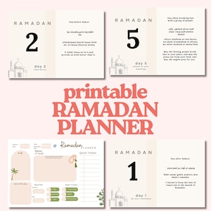 May include: A printable Ramadan planner with a light pink background. The planner includes pages for daily intentions, Quran tracking, and meal planning. The design features mosque illustrations and Arabic text.