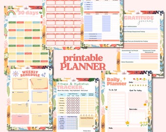 Planificador con diseño floral: Calendario diario, semanal y mensual. Paquete de planificadores lindos y originales. Imprimible para días, semanas y meses. Comienza el lunes.