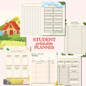 May include: A collection of printable student planners with various layouts. Includes a study timetable, class info sheet, grade tracker, school timetable, daily study tracker, and a study planner. The planners have a soft color palette with illustrations.