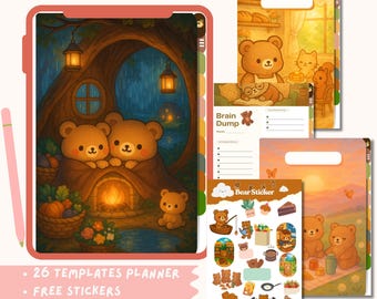 Kawaii Bear Digital Planner: Undated, Hyperlinked Notebook (PDF Download)