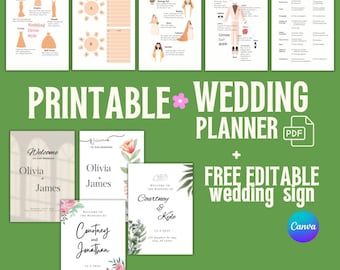 Planificador de bodas en PDF: más de 80 páginas, organizador, presupuesto, listas de verificación y 5 plantillas de letreros de bienvenida.