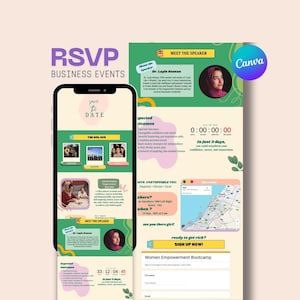 Pode incluir: Gráfico promocional para um evento de negócios, com um smartphone exibindo detalhes do evento. O design inclui texto como "RSVP Business Events" e "Women Empowerment Bootcamp". O esquema de cores é principalmente verde e roxo.