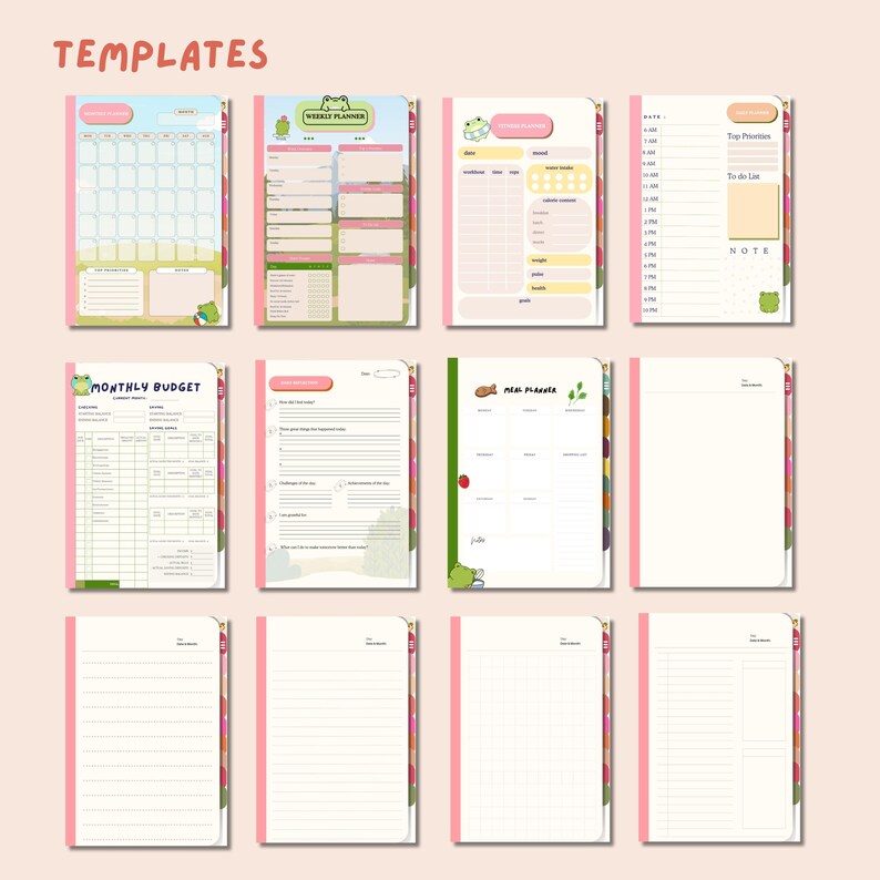 Op de afbeelding: Een verzameling kleurrijke plantemplates met een roze rand. De sjablonen bevatten een maandkalender, weekplanner, dagplanner, takenlijst, maandbudget, doelen tracker, maaltijdplanner en gelinieerde en rasterpagina's. Het woord "TEMPLATES" staat bovenaan.