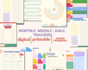 Planificador SIN FECHA: Calendario diario, semanal y mensual, rastreadores y pegatinas para diario (plantilla de Canva editable, PDF imprimible)
