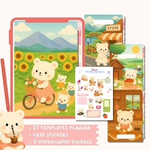 Könnte beinhalten: Ein digitaler Planer mit Bären-Thema, der Illustrationen von Bären in verschiedenen Umgebungen zeigt. Enthält einen Tablet-Bildschirm mit einem Bären, der Fahrrad durch ein Sonnenblumenfeld fährt, Aufkleber und Trennwände. Der Text auf dem Bild lautet "Bear World Stickers".