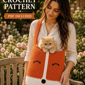 May include: A crochet pattern PDF for a tote bag featuring a fox design. The bag is orange and white with black embroidered eyes and a black nose. A fluffy ginger kitten sits inside the bag, which has a wide shoulder strap and rectangular shape.