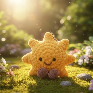 Könnte beinhalten: Ein gelber, gehäkelter sonnenförmiger Schlüsselanhänger mit einem lächelnden Gesicht und zwei braunen Kugeln am unteren Ende. Das Plüschtier befindet sich auf einem Bett aus grünem Moos mit Blumen im Hintergrund.