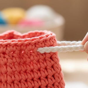 May include: Close-up of a coral-coloured crocheted pouch with a white drawstring. The pouch is made with a textured stitch and has a scalloped edge. A hand is pulling the drawstring. In the background, out of focus, are other colourful items.