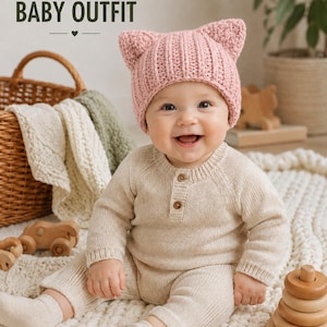 Puede incluir: Un bebé con un pelele de punto de manga larga en color beige claro con dos botones marrones en el cuello y un gorro de punto rosa con orejas de gato. El texto ADORABLE BABY OUTFIT aparece en la esquina superior izquierda sobre un corazón.