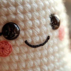 May include: Close-up of a handmade, white crochet doll with a smiling face. The doll features large, glossy black eyes, pink blush, and a stitched black smile. A small, red crocheted circle is on one cheek.