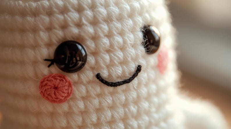 May include: Close-up of a handmade, white crochet doll with a smiling face. The doll features large, glossy black eyes, pink blush, and a stitched black smile. A small, red crocheted circle is on one cheek.