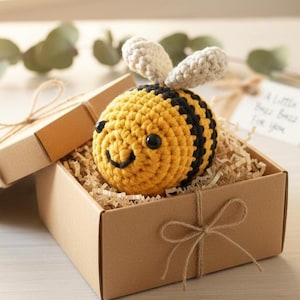 Può includere: Un'ape all'uncinetto con strisce gialle e nere, occhi neri e ali bianche, è posta in una scatola regalo marrone riempita con carta di riempimento. La scatola è legata con spago e una piccola etichetta recita "A Little Buzz Buzz For You".
