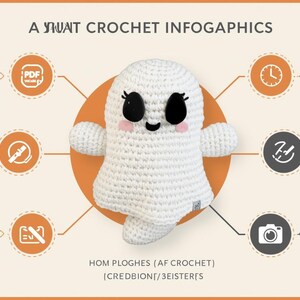 May include: A white crochet ghost with black eyes, pink cheeks, and a smiling mouth, centered on an orange circle. The image is an infographic with text that reads "A SWAT CROCHET INFOGRAPHICS" and "BEGINNER FRIENDLY".