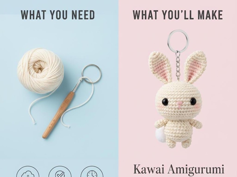 May include: Image shows the materials needed and the finished product for a Kawaii Amigurumi project. On the left, a ball of cream-colored yarn and a crochet hook. On the right, a finished crochet bunny keychain with pink accents and black eyes.
