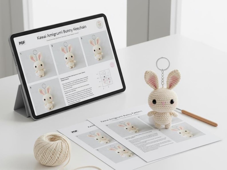 May include: A crocheted bunny keychain with pink-lined ears and black eyes sits on a white surface next to a crochet pattern and a ball of yarn. A tablet displays the pattern, titled "Kawaii Amigurumi Bunny Keechain."