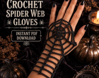 Patrón de guantes sin dedos de encaje de ganchillo, patrón de guantes de araña de Halloween de ganchillo, patrón de guantes de telaraña sin dedos de ganchillo