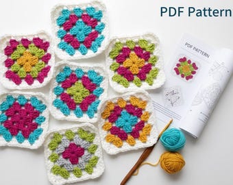 Schema all'uncinetto per quadrato della nonna facile in PDF / Motivo quadrato all'uncinetto classico / Tutorial all'uncinetto per principianti / Schema quadrato per coperta all'uncinetto