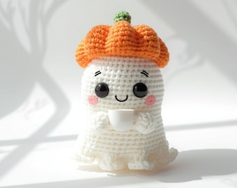 Kawaii Ghost Crochet Pattern, Halloween Amigurumi PDF with Pumpkin Hat (Digital Download)
