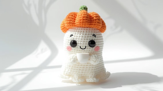 Kawaii Ghost Crochet Pattern, Halloween Amigurumi PDF with Pumpkin Hat (Digital Download)