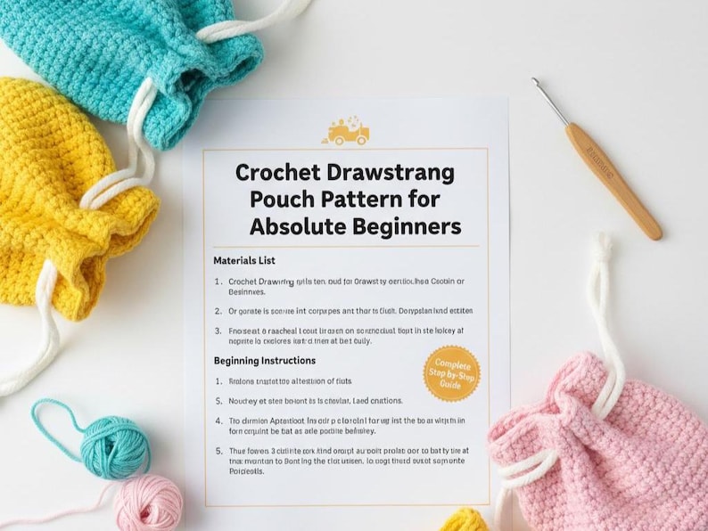 May include: A crochet pattern for a drawstring pouch for beginners. The image shows a pattern sheet, crochet hooks, and several crocheted pouches in yellow, blue, and pink. Yarn balls in pink and teal are also visible.