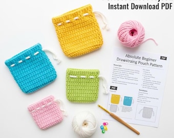 Easy Crochet Drawstring Pouch Pattern, Pouch  PDF , Absolute for  Beginner  , Instant Download