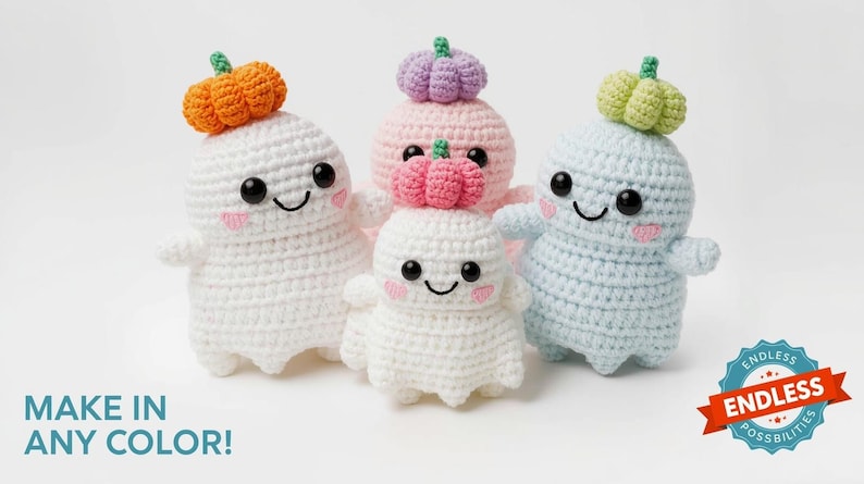 May include: A group of four crocheted ghost figures, each with a pumpkin hat. The ghosts are white, pink, and blue, with black eyes, rosy cheeks, and smiling mouths. The pumpkins are orange, pink, and green. Text reads "MAKE IN ANY COLOR!"