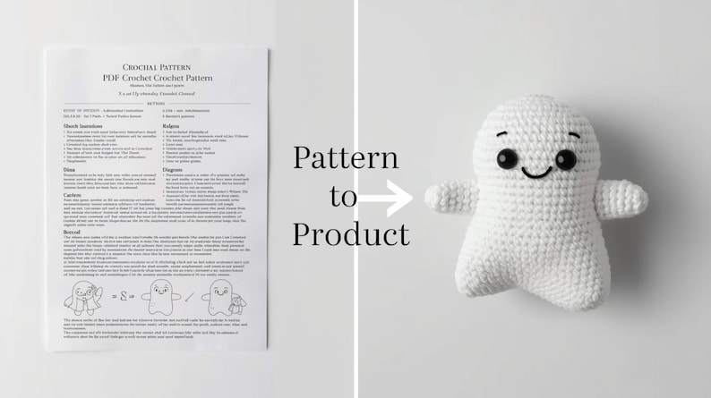 May include: A white crochet ghost doll with black eyes and a smiling mouth, next to a printed crochet pattern. The text "Pattern to Product" is displayed with an arrow pointing to the doll. The pattern is a PDF document.