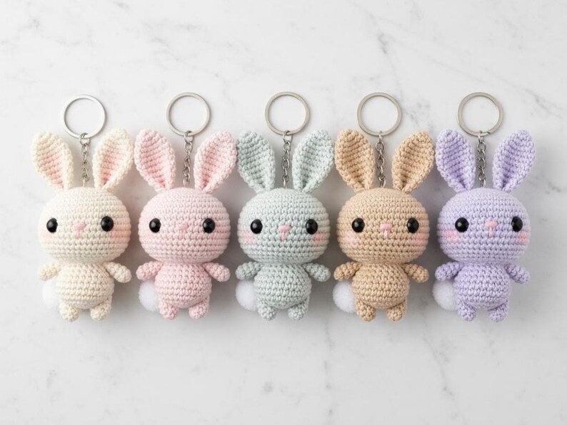 May include: Five crochet bunny keychains in pastel colors: white, pink, mint green, tan, and lavender. Each bunny has large black eyes, pink cheeks, and a fluffy white tail. The keychains are attached to silver rings.