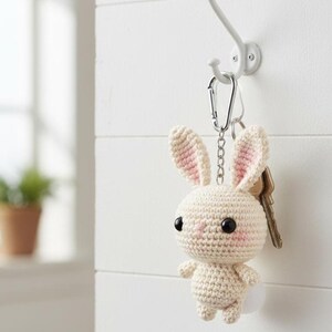 May include: A handmade crochet bunny keychain in cream with pink inner ears and rosy cheeks, hanging from a silver carabiner clip. The keychain is attached to a set of keys and is suspended from a white hook on a white wall.