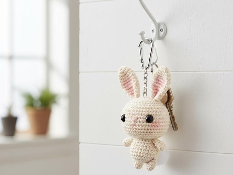 May include: A handmade crochet bunny keychain in cream with pink inner ears and rosy cheeks, hanging from a silver carabiner clip. The keychain is attached to a set of keys and is suspended from a white hook on a white wall.
