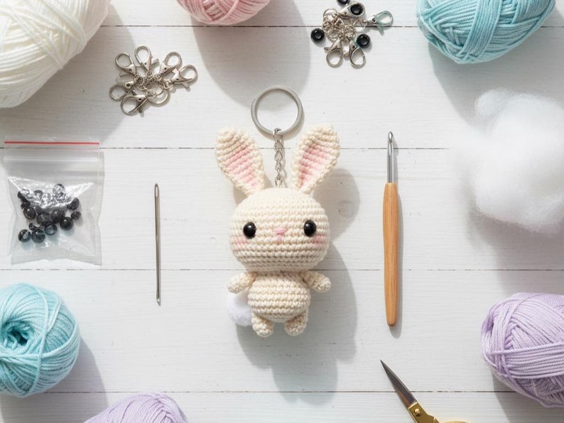 May include: A handmade crochet bunny keychain with pink accents, surrounded by crafting supplies like yarn, a crochet hook, and scissors. The bunny has a white body, pink ears, and a fluffy white tail. The scene is set on a white wooden surface.