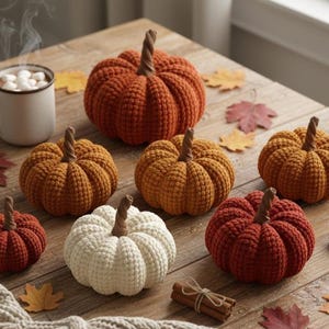 Puede incluir: Una colección de calabazas de ganchillo hechas a mano en varios colores, incluyendo naranja, amarillo, rojo y blanco, dispuestas sobre una superficie de madera con hojas de otoño y palitos de canela. También hay una taza de chocolate caliente con malvaviscos.