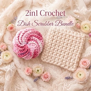 Peut inclure: Un ensemble d'éponges à vaisselle au crochet avec une éponge ronde tourbillonnée rose et blanche et une éponge carrée beige. Le texte "2in1 Crochet Dish Scrubber Bundle" est en haut. L'image est décorée de roses.