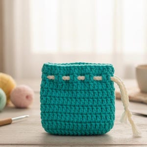 May include: A turquoise crochet pouch with a white drawstring. The pouch is rectangular with a textured stitch pattern and white accents near the top. Yarn balls and a crochet hook are in the background, suggesting a handmade craft.