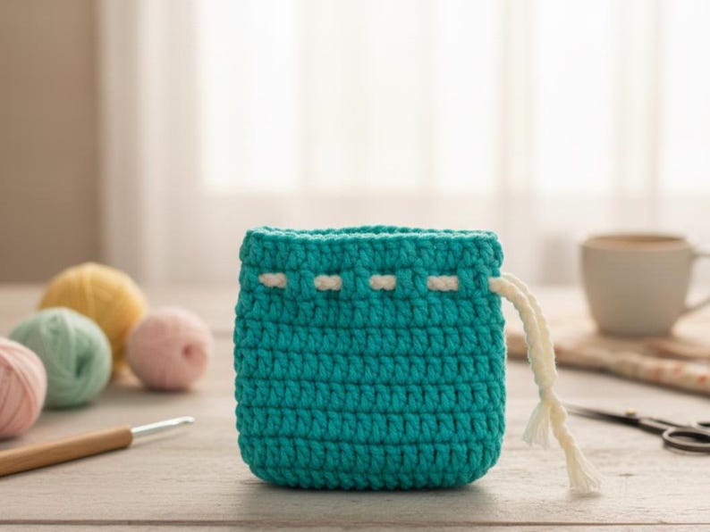 May include: A turquoise crochet pouch with a white drawstring. The pouch is rectangular with a textured stitch pattern and white accents near the top. Yarn balls and a crochet hook are in the background, suggesting a handmade craft.