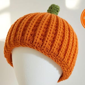 May include: An orange knitted pumpkin hat with a green stem, displayed on a white mannequin head. The hat has a ribbed texture. An orange circle with the text "Includes Pumpkin hat pattern" is in the image.